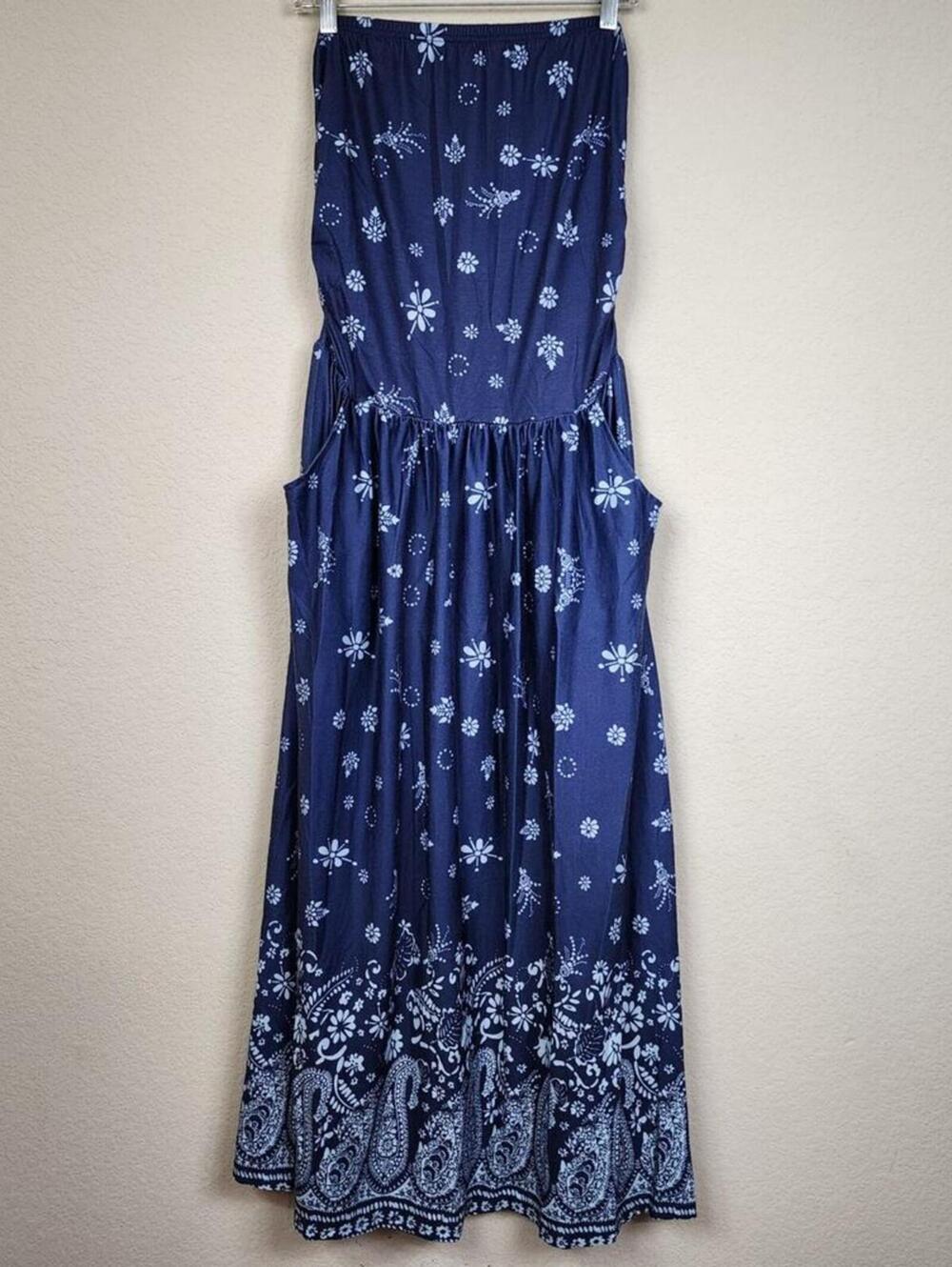 XL Strapless Paisley Navy Blue Dress